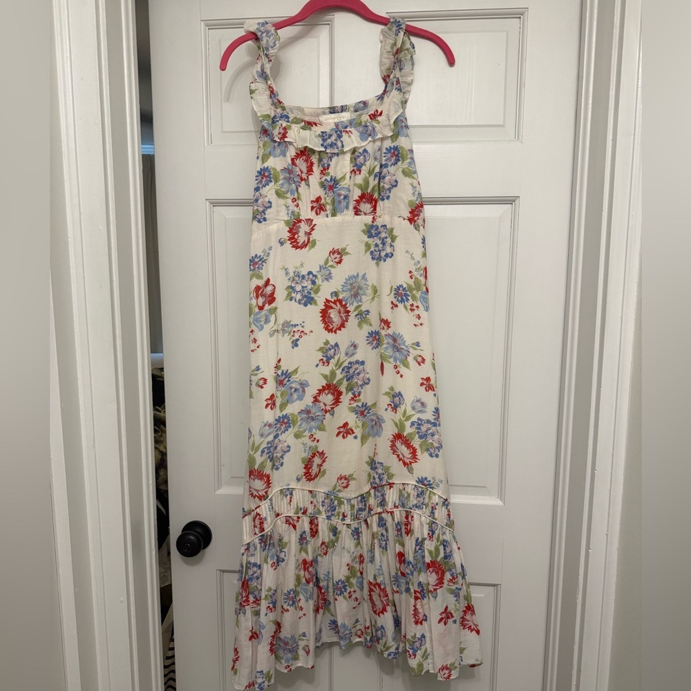 LoveShackFancy Cream Maxi Dress with Red and Blue Floral Print